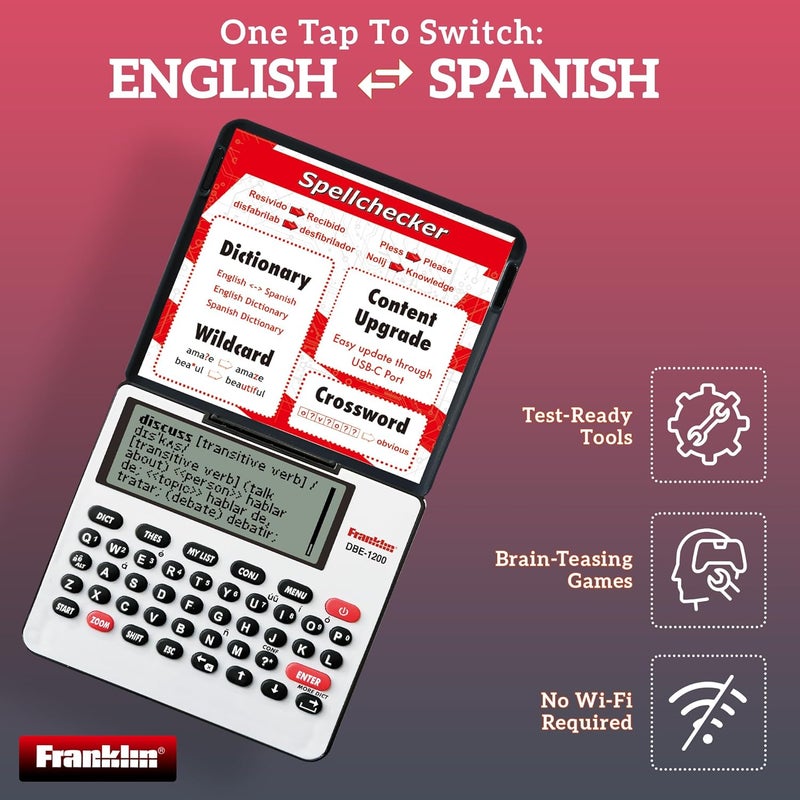 Franklin DBE-1200 Bilingual Electronic Dictionary – English-Spanish, Spanish English Digital Dictionary, Translator, Phrasebook, Spell Checker, Portable Device with LCD Screen - Image 4